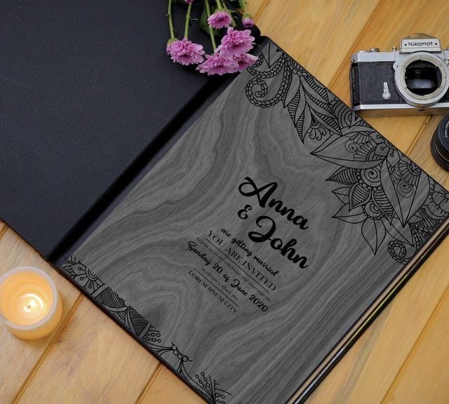 Grey wood engraved invitation-style album