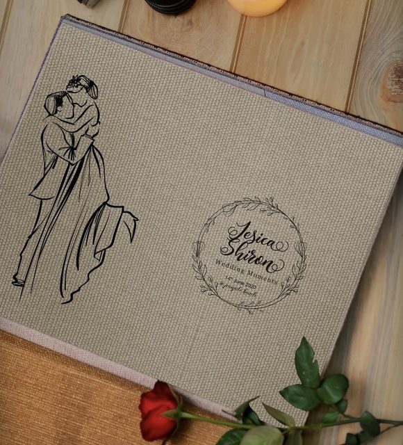 Fabric cover with bride and groom illustration